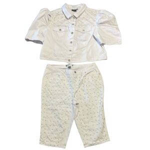 Ashley Stewart bejeweled white Jean Jacket and Crop pants, 22/24
